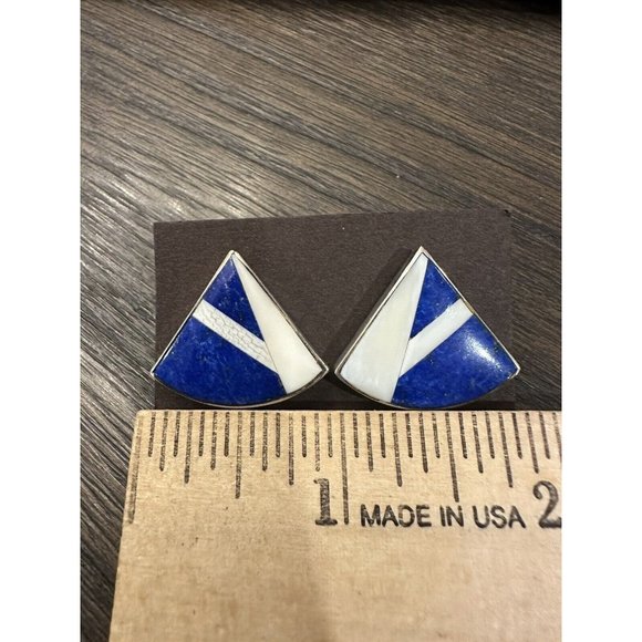 Vintage PETER VAJDA Southwest NM STERLING SILVER EARRINGS Blue Lapis MOP Inlay - Picture 3 of 9